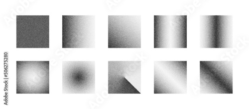 Square Stipple Hand Drawn Dotwork Vector Abstract Shapes Set With Different Variations Of Black Noise Gradient Isolated On White. Various Halftone Dotted Design Elements Dust Grainy Texture Collection photo