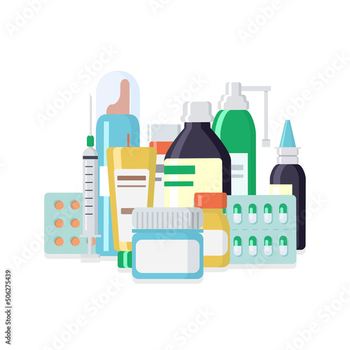 Various medical preparations. Tablets, capsules, blisters, glass bottles with liquid medicine and plastic tubes with caps. Health theme. Flat vector illustration.