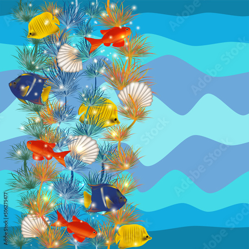 Seamless pattern, underwater banner with seashell and tropical fish. vector illustration