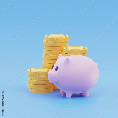 Piggy bank and stack coins on blue background with saving money concept. Financial planning for the future. 3D rendering.