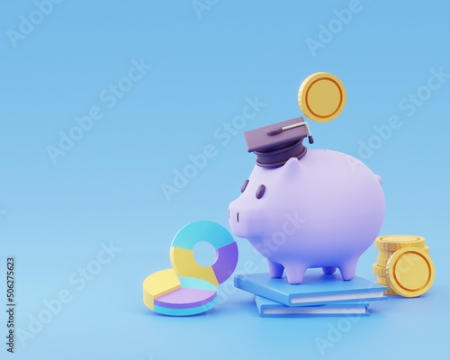 3d rendering of Graduation cap icon coins and piggybank concept of saving money for education on blue background. 3d render.