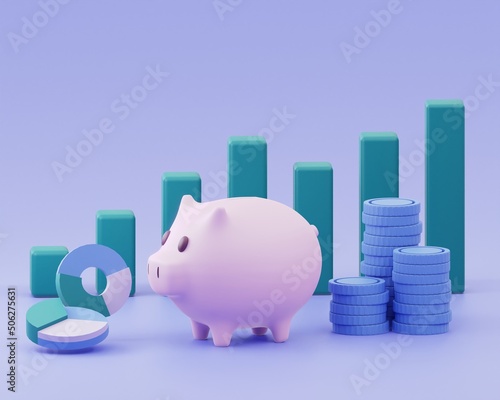 Piggy bank and stack coins of growing graph on purple background with saving money concept. Financial planning for the future. 3D rendering.
