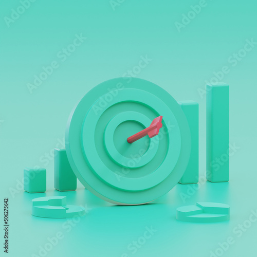 Red arrow hit the center of target or goal of success. Business target achievement concept on green background, minimal, 3d render.