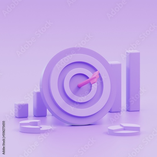 Pink arrow hit the center of target or goal of success. Business target achievement concept on purple background, minimal, 3d render.