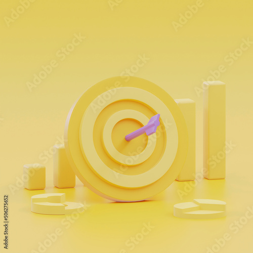 Purple arrow hit the center of target or goal of success. Business target achievement concept on purple background, minimal, 3d render.