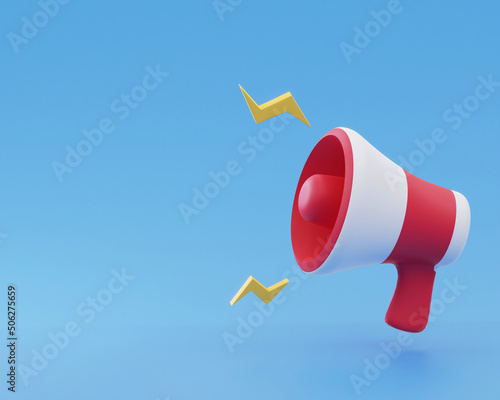 Red and white megaphone with yellow rays on blue background. Concept Megaphone for graphic composition. 3D Render, 3D art.
