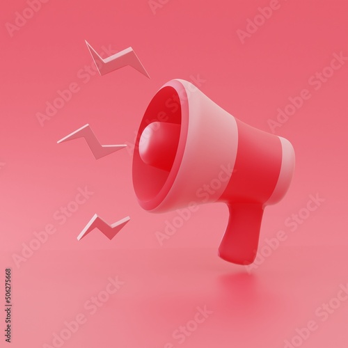 Red megaphone with  rays on red background. Concept Megaphone for graphic composition. 3D Render, 3D art.