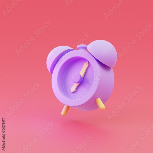 Miniature twin bell alarm clock on red background, 3d rendering