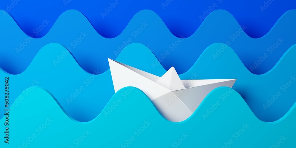 White paper boat in between blue waves background, problem solving or way finding business concept