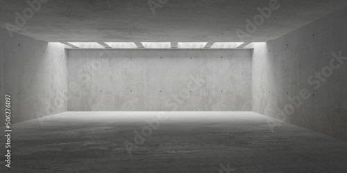 Abstract empty, modern concrete room with indirect lighting from ceiling with grid opening and concrete floor - industrial interior background template