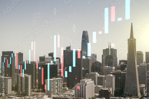 Multi exposure of virtual abstract financial graph interface on San Francisco cityscape background  financial and trading concept