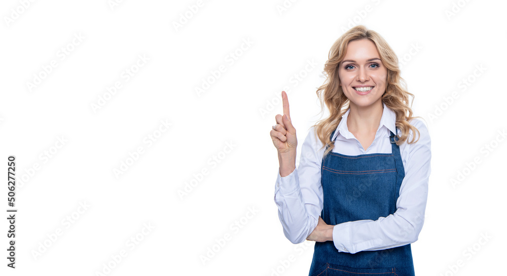 happy barista woman in apron point finger isolated on white background happy barista woman in apron point finger isolated on white background