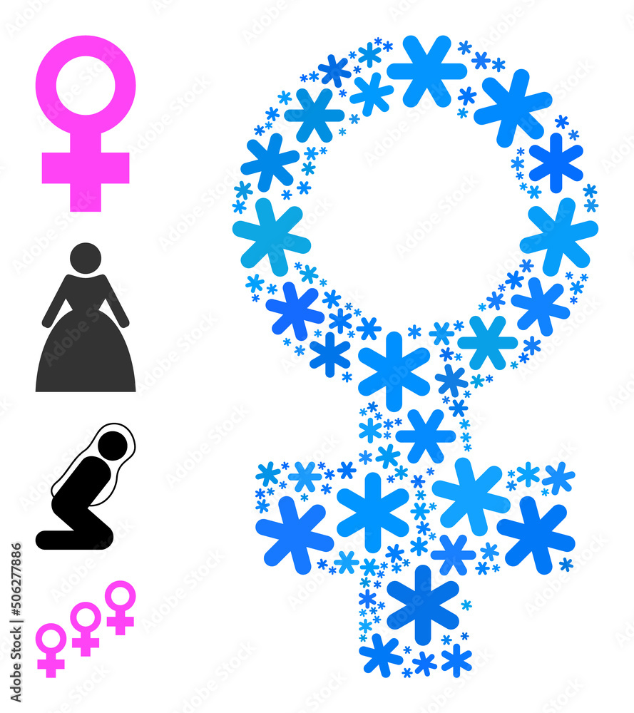 Mosaic female sign icon organized for winter, New Year, Christmas. Female sign icon mosaic is done from light blue snow icons. Some similar icons are added. Mosaic female sign icon organized for winter, New Year, Christmas. Female sign icon mosaic is done from light blue snow icons. Some similar icons are added.