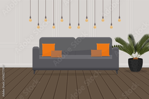 modern loft design interior with sofa and light bulbs and palm tree plant with wooden floor