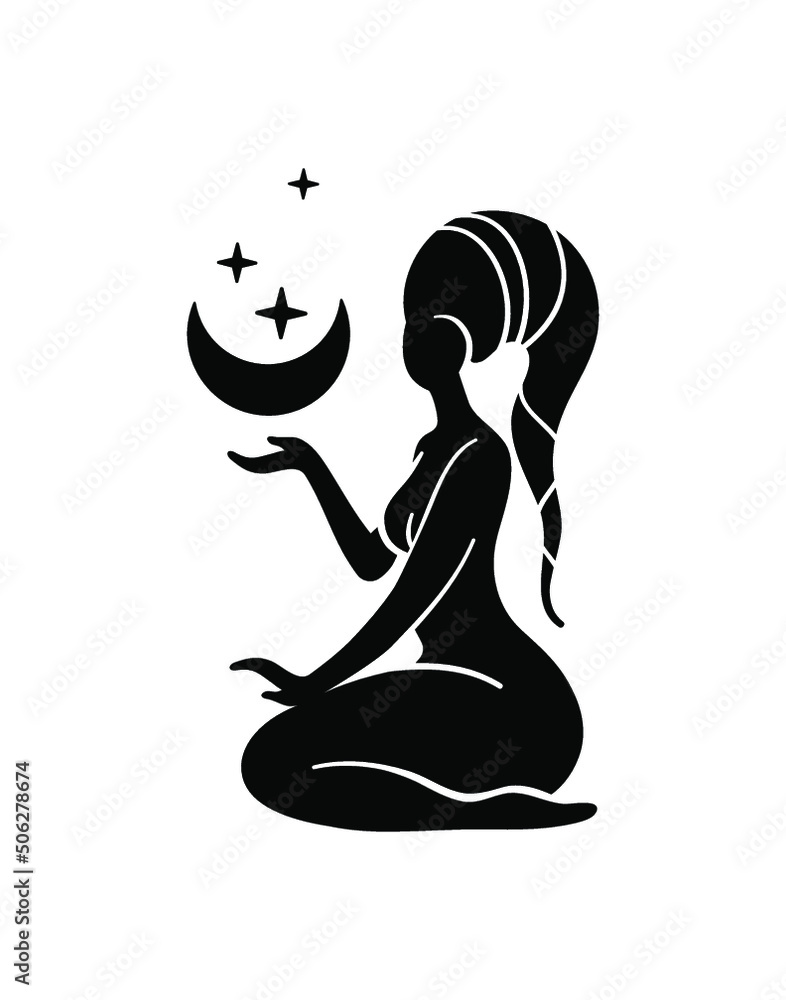 Obraz premium Celestial woman, Divine feminine, Goddess, Moonchild, Sacred magic woman. Mystical symbol flat silhouette. Vector illustration. 