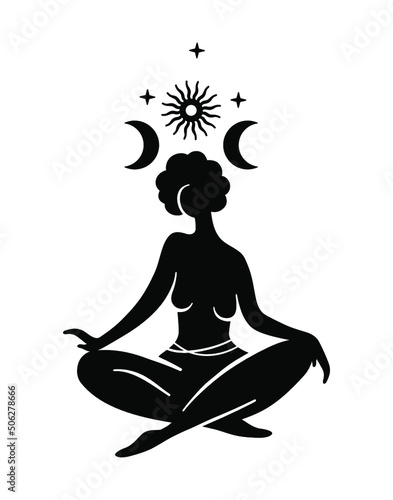 Celestial woman, Divine feminine, Goddess, Moonchild, Sacred magic woman. Mystical symbol flat silhouette. Vector illustration. 