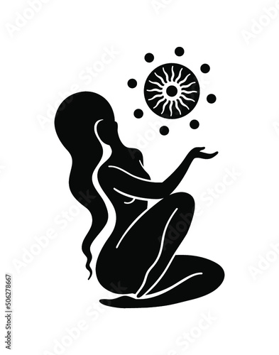 Celestial woman, Divine feminine, Goddess, Moonchild, Sacred magic woman. Mystical symbol flat silhouette. Vector illustration. 