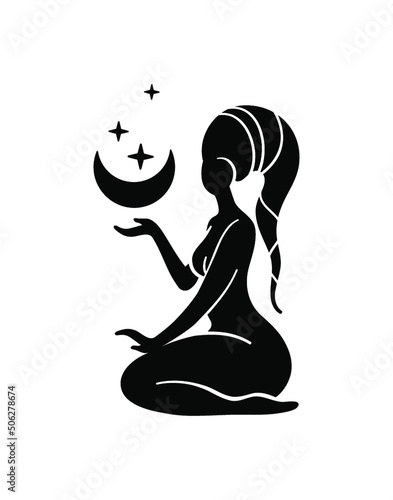 Celestial woman, Divine feminine, Goddess, Moonchild, Sacred magic woman. Mystical symbol flat silhouette. Vector illustration. 