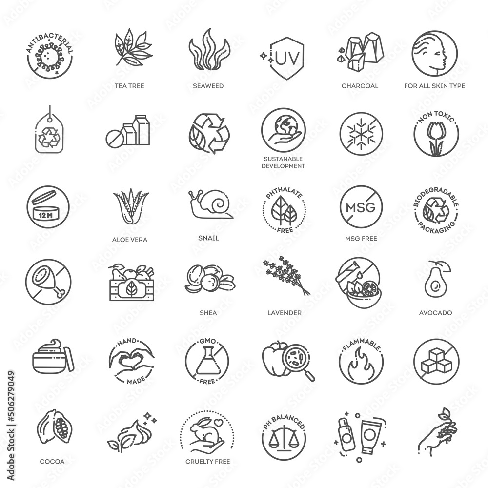 Natural organic cosmetics, vegan food symbols Natural organic cosmetics, vegan food symbols