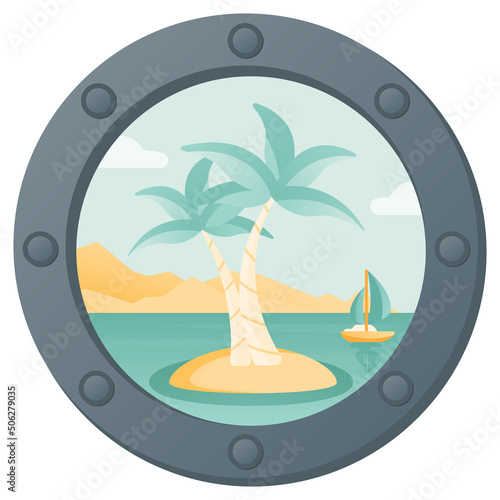 Summer illustration of island view with two palmas from the sea ship illuminator.