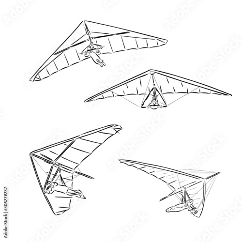 Hang glider, extreme, sky, sport, fly concept. Hand drawn man flying with hang glider concept sketch. Isolated vector illustration.
