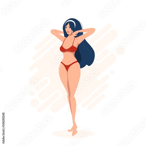 A girl in a red bikini straightens her hair. Vector illustration.