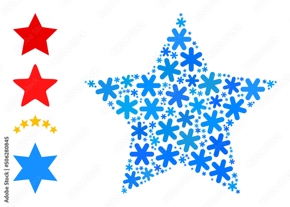 Obraz premium Mosaic red star icon is constructed for winter, New Year, Christmas. Red star icon mosaic is constructed of light blue snow icons. Some bonus icons are added.