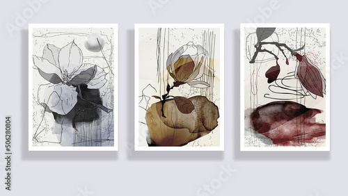 Trendy set of magnolia blossoms and abstract forms. Minimal botanical wall art. Mid century modern graphic. Plant art design for social media, blog post, print, cover, wallpaper. Vector