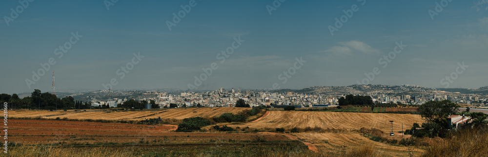 The Palestinian city of Qalqilya and the foothills of Samaria. View from Israel.