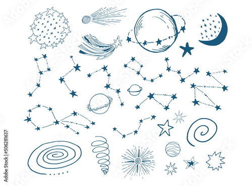 Blue outline hand drawing planet, moon and constellations set. Space and stars vector illustration.