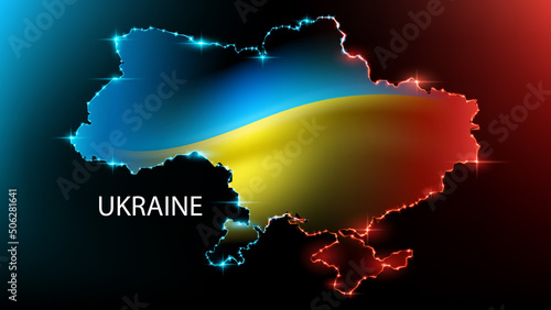 Vector image. Neon contours of the borders of Ukraine on a dark background. Waving yellow-blue Ukrainian flag. Fight for independence and freedom.