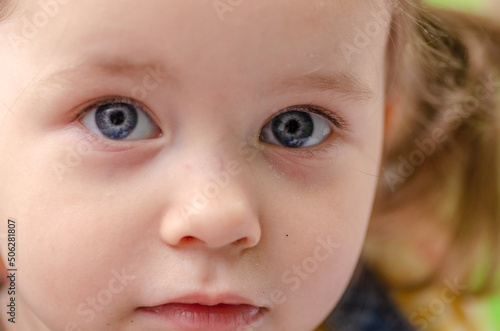The face of a one-and-a-half-year-old girl is close-up.