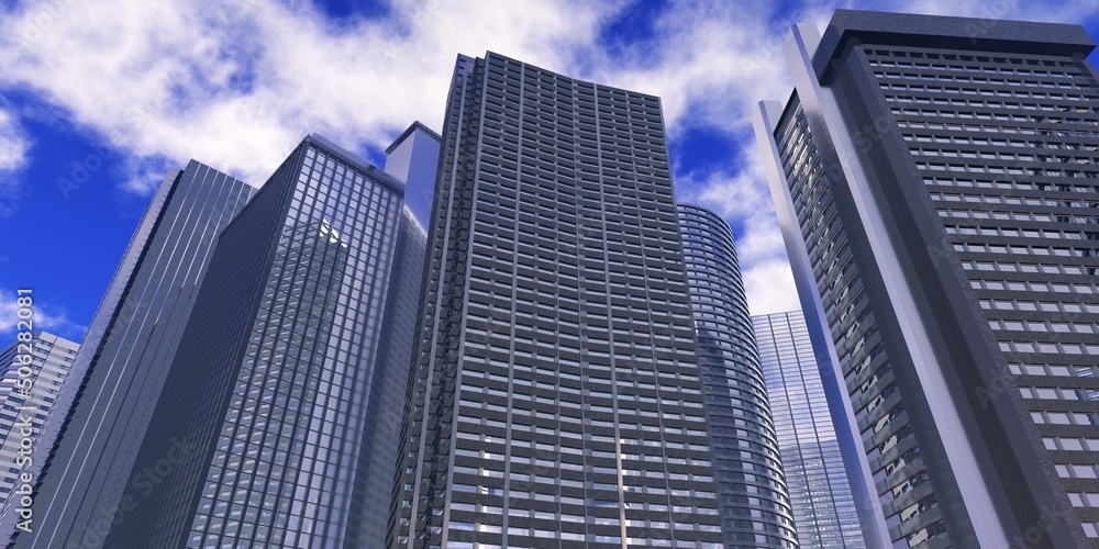 Beautiful skyscrapers and blue sky with clouds, high rise buildings, 3d rendering