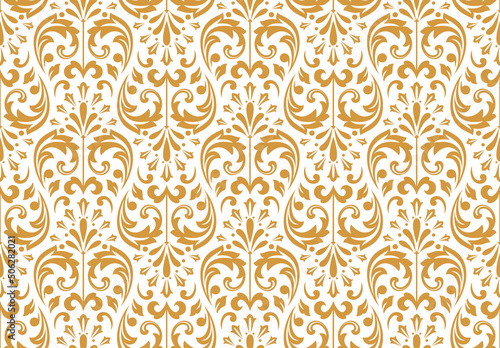 Wallpaper in the style of Baroque. Seamless vector background. White and gold floral ornament. Graphic pattern for fabric, wallpaper, packaging. Ornate Damask flower ornament