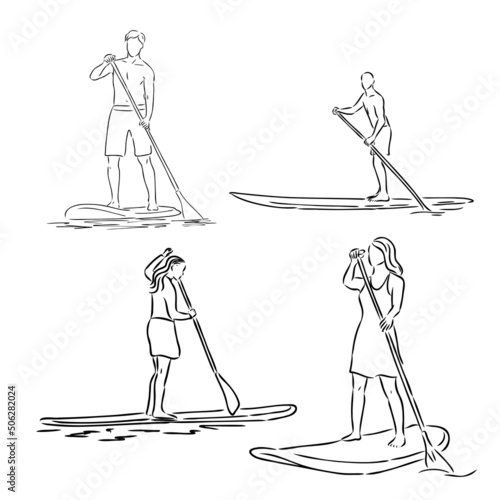 Stand up paddle surfing, boarding. Single female surfer with paddle. Surfrider girl on board. Paddleboarding, SUP fitness. fitness illustration. Abstract isolated contour of surfboarder.