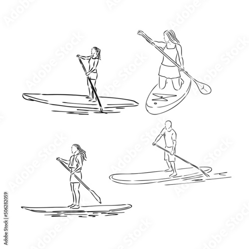 Stand up paddle surfing, boarding. Single female surfer with paddle. Surfrider girl on board. Paddleboarding, SUP fitness. fitness illustration. Abstract isolated contour of surfboarder.