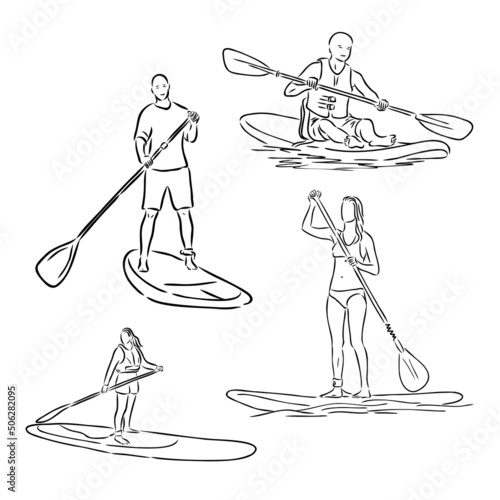 Stand up paddle surfing, boarding. Single female surfer with paddle. Surfrider girl on board. Paddleboarding, SUP fitness. fitness illustration. Abstract isolated contour of surfboarder.