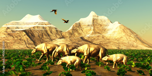 Paraceratherium on a Walk - Turkey vultures fly over a herd of Paraceratherium mammals during the Eocene period of China. photo