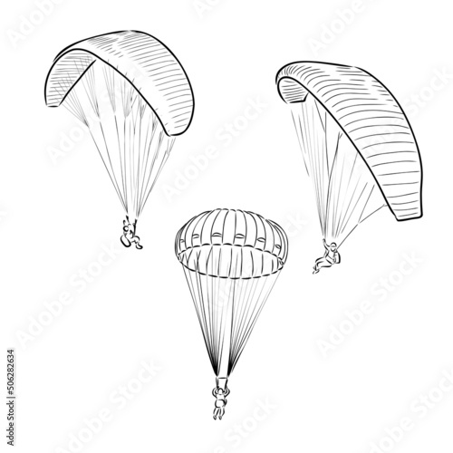 Vector Paraglider. Sketch illustration with hand drawn skydiver flying with a paraglider. Black line isolated on white. Extreme sports concept. Design for print, cover, poster and banner
