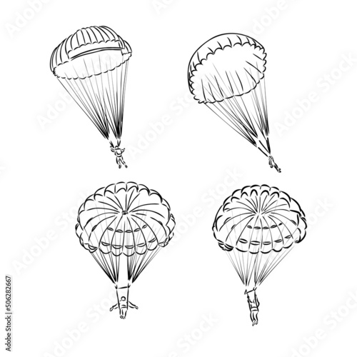 Vector Paraglider. Sketch illustration with hand drawn skydiver flying with a paraglider. Black line isolated on white. Extreme sports concept. Design for print, cover, poster and banner