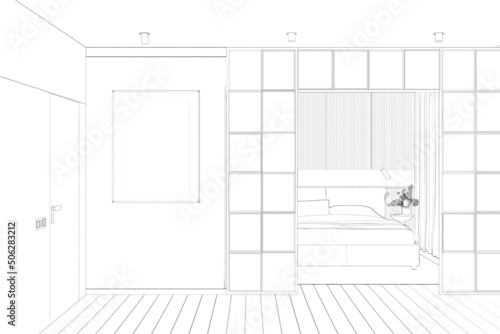 A sketch of the modern interior with the vertical poster on a wall between a door and a partition overlooking a modern bedroom with a bed by the window. Front view. 3d render
