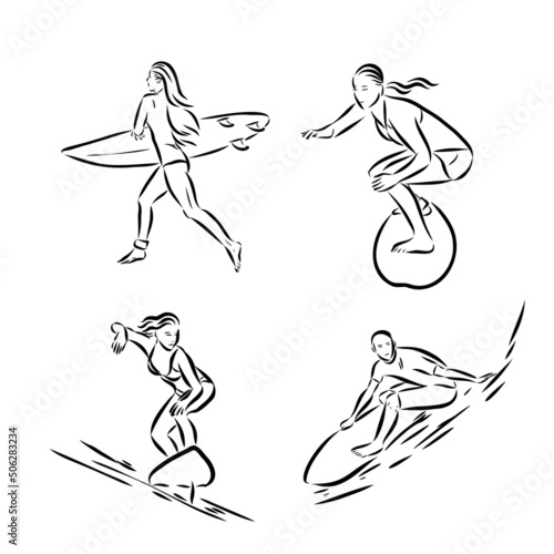 Collection of sketches of the surfers, hand drawn vector illustration