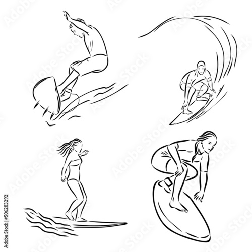 Collection of sketches of the surfers, hand drawn vector illustration