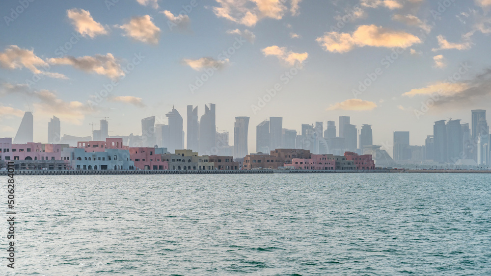 Doha, Qatar- May 15,2022 : Doha skyline with many towers during a summer day.