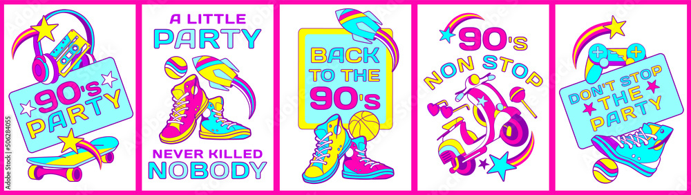 90s cool pop set of posters, banners, music party invitation, and graffiti style prints with fun slogans: 