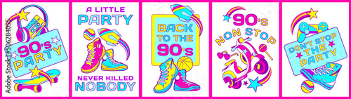 90s cool pop set of posters, banners, music party invitation, and graffiti style prints with fun slogans: "Back to the 90's", "90's non stop".Street art items like: gumshoes, skateboard, headphones