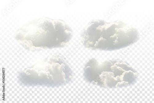 Vector set of realistic isolated cloud with Sun for template decoration and covering on the transparent background.