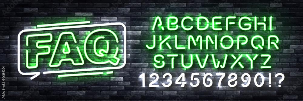 Vector realistic isolated neon sign of FAQ logo with easy to change color alphabet font on the wall background. Concept of frequently asked questions. Vector realistic isolated neon sign of FAQ logo with easy to change color alphabet font on the wall background. Concept of frequently asked questions.