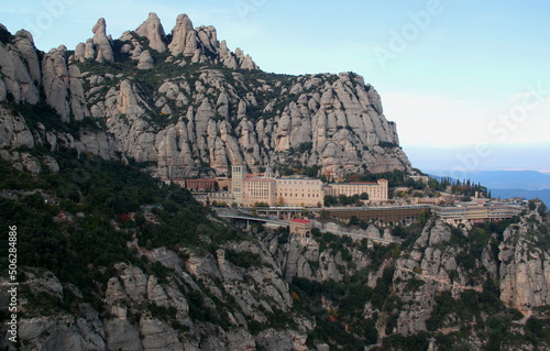View of the monastery of Montserrat, the surrounding mountains and the skyline near Barcelona, Catalonia, Spain