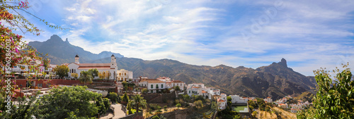 Panoramic view of the white village of Tejeda and Roque Bentayga in Gran Canaria